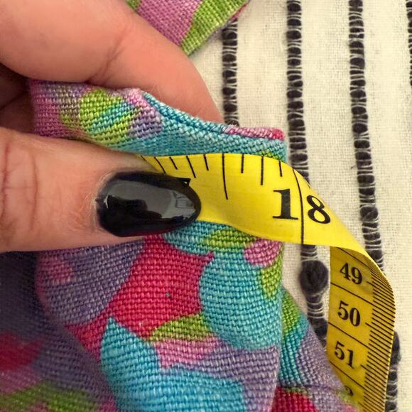 1960s Vintage Handmade Pink and Blue Floral Linen High Neck Shift Dress | Medium - Picture 5 of 7